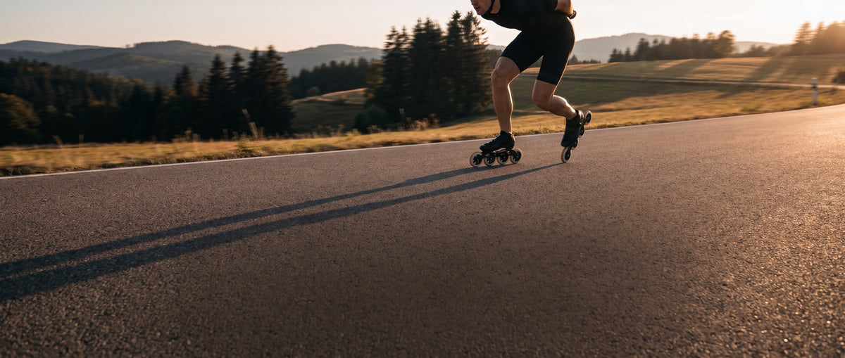 Speedskater auf einer Landstraße bei Abendsonne