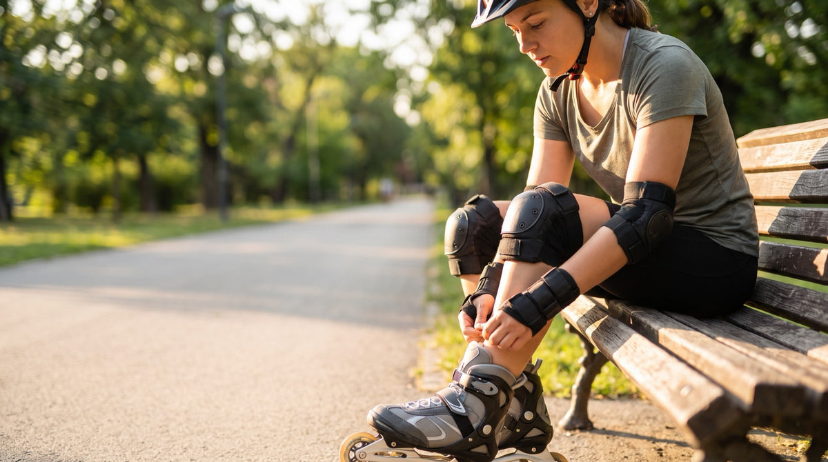 Inline-Skaterin legt Helm und Schoner an