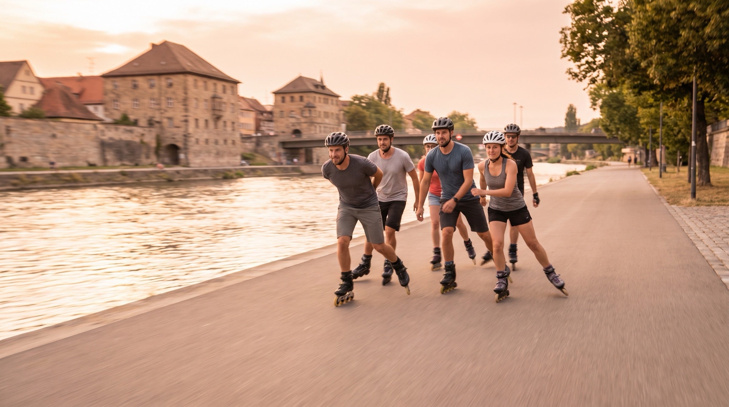 Gruppe von Fitness-Skatern auf einer Uferpromenade