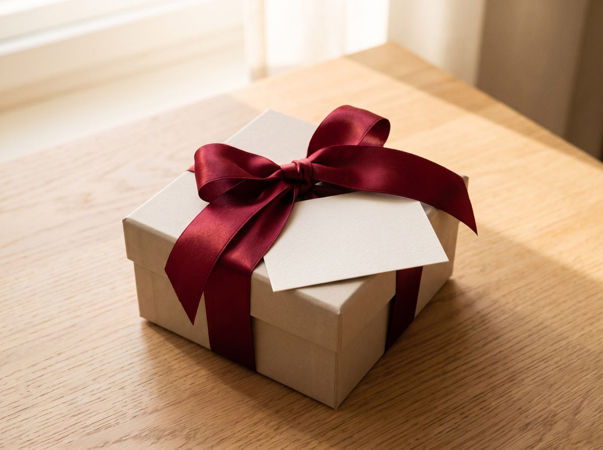 Neutral gestaltete Geschenkbox mit Schleife und einer leeren Geschenkkarte auf einem Holztisch