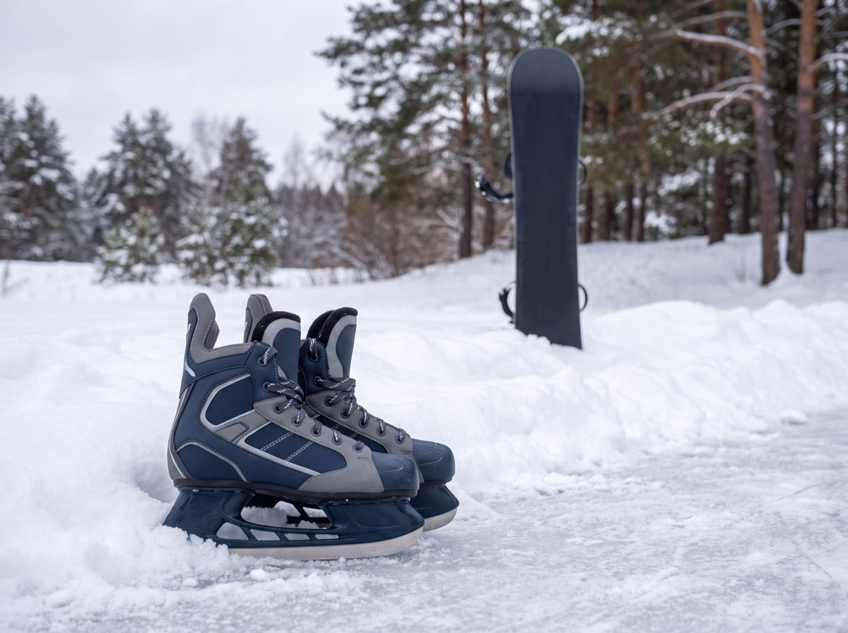 Schlittschuhe am Rand einer Eisfläche, dahinter ein Snowboard mit Bindung im Schnee