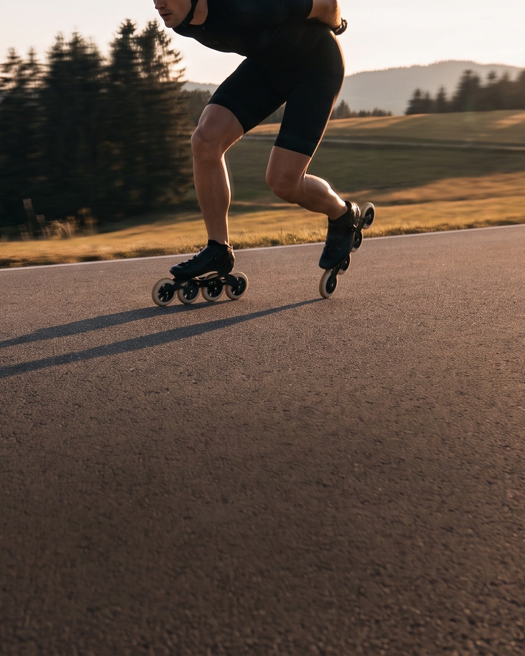 Speedskater auf einer Landstraße bei Abendsonne