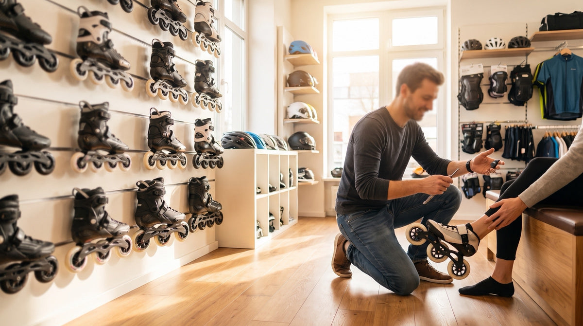 Beratung beim Anprobieren eines Speedskates im Laden
