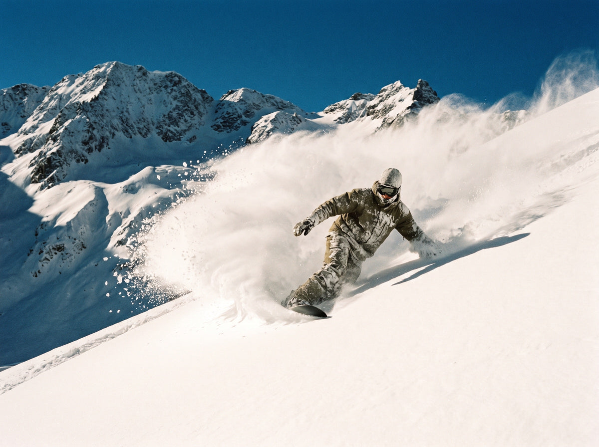 Snowboarder im Pulverschnee vor Alpengipfeln