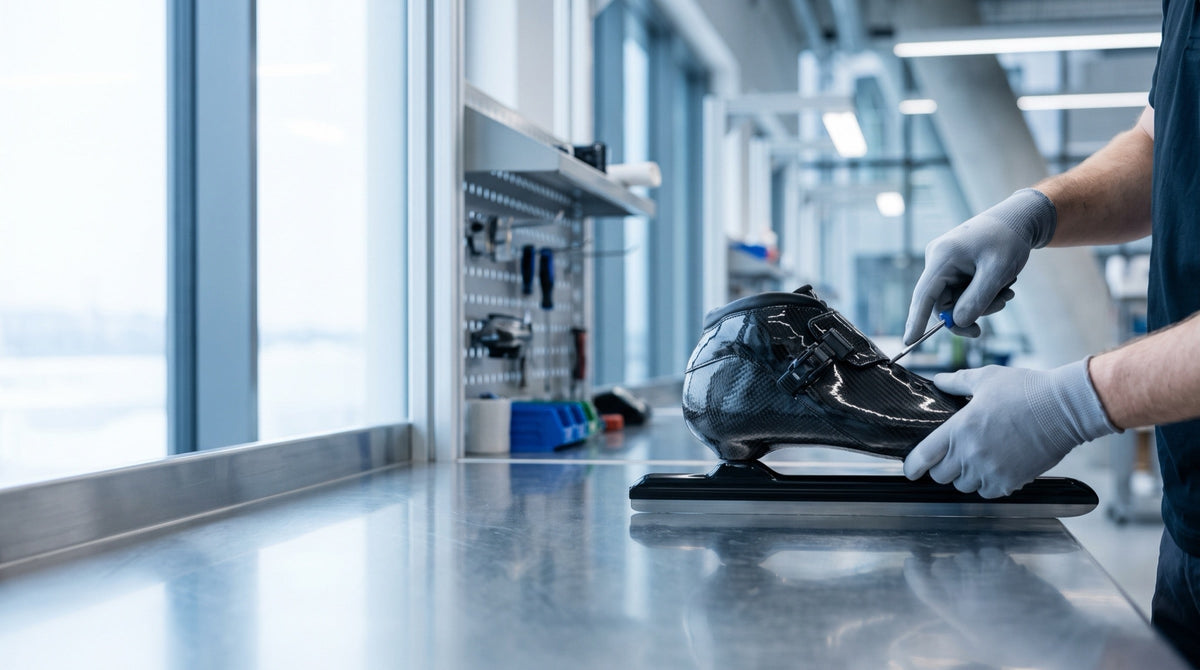Moulage en plâtre d'un pied à côté d'une chaussure de roller de vitesse en carbone sur mesure, sur le comptoir du magasin.