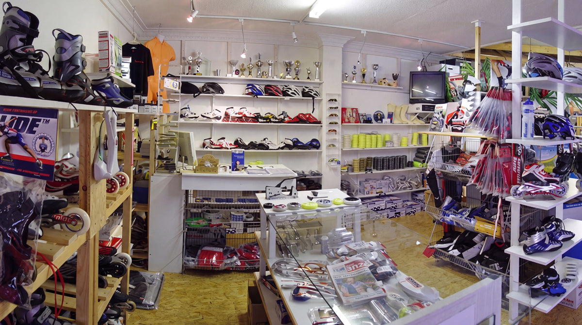 Heart of the Speedskating-Shop with wheels, helmets and speed skate boots