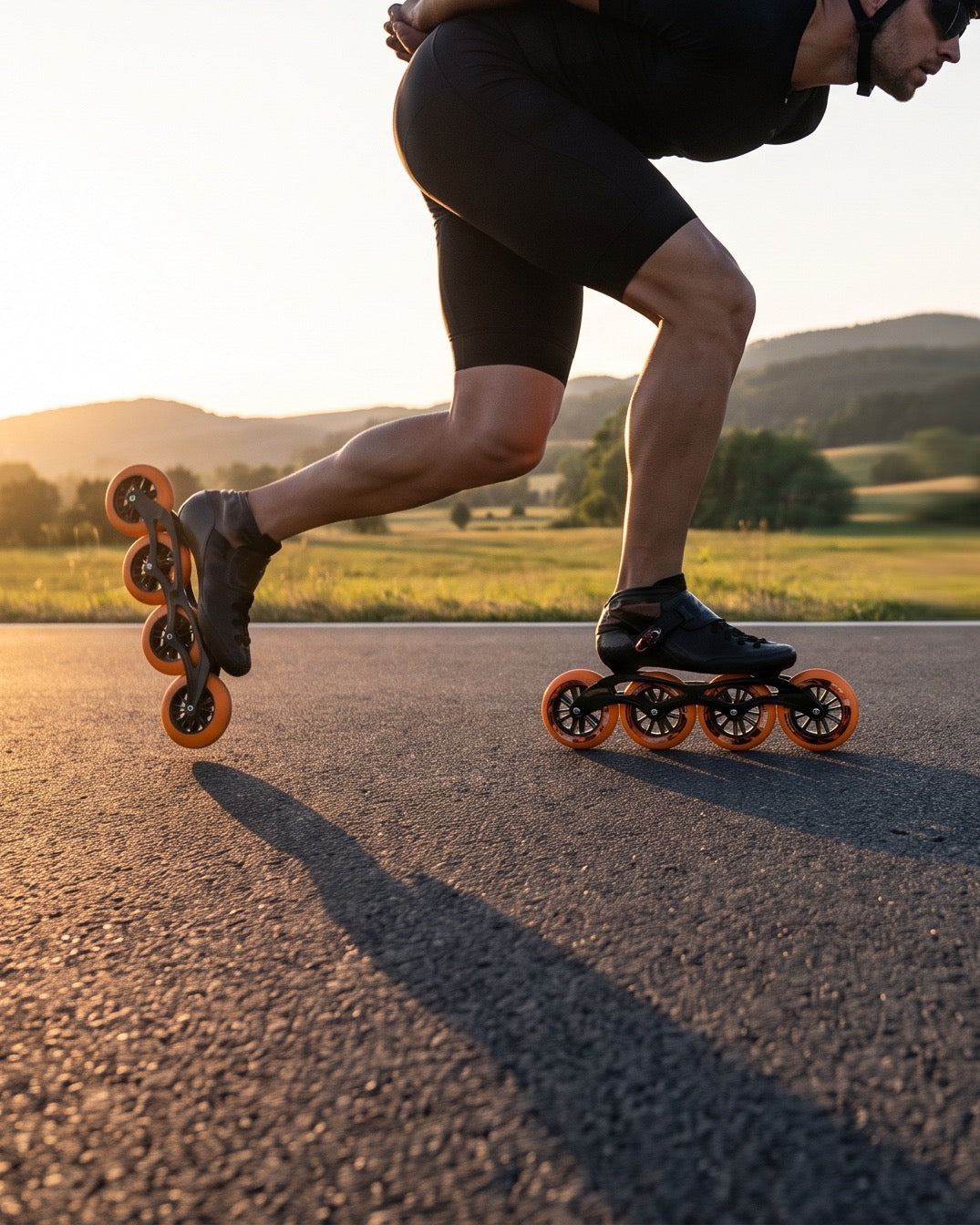 Speedskater mit orangen Rollen auf einer Landstraße bei Abendsonne