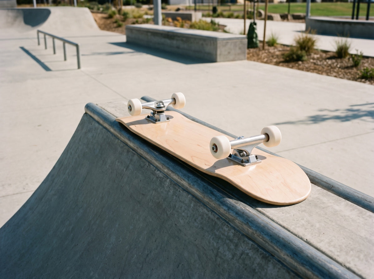 Klassisches Skateboard mit aufgebogener Nose und Tail auf einer Betonrampe im Skatepark
