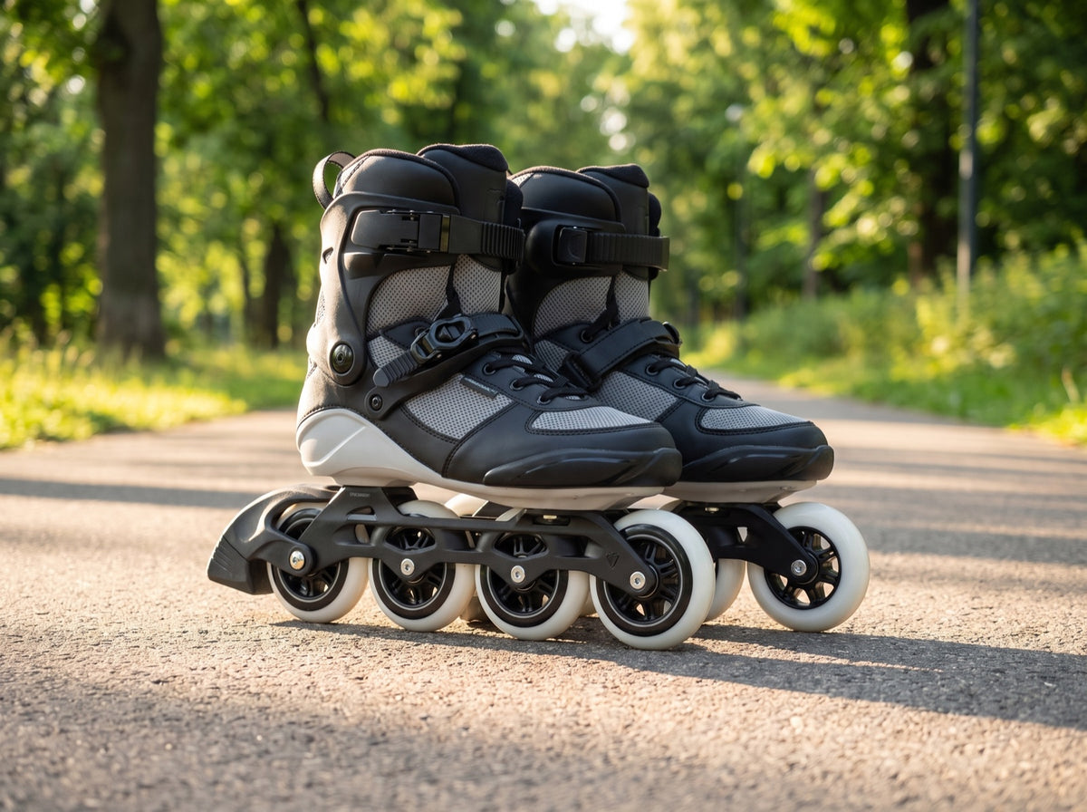Freizeit-Inline-Skates mit Fersenbremse auf einem Parkweg