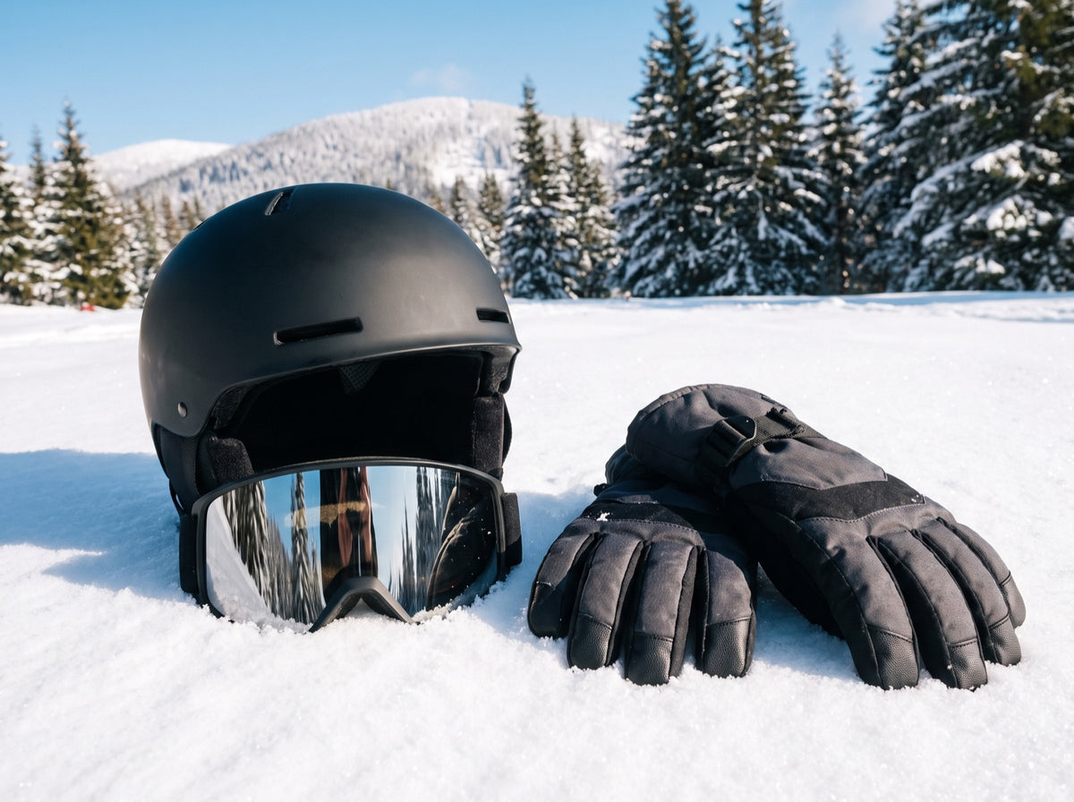 Snowboardhelm, Skibrille und Handschuhe auf einer verschneiten Fläche