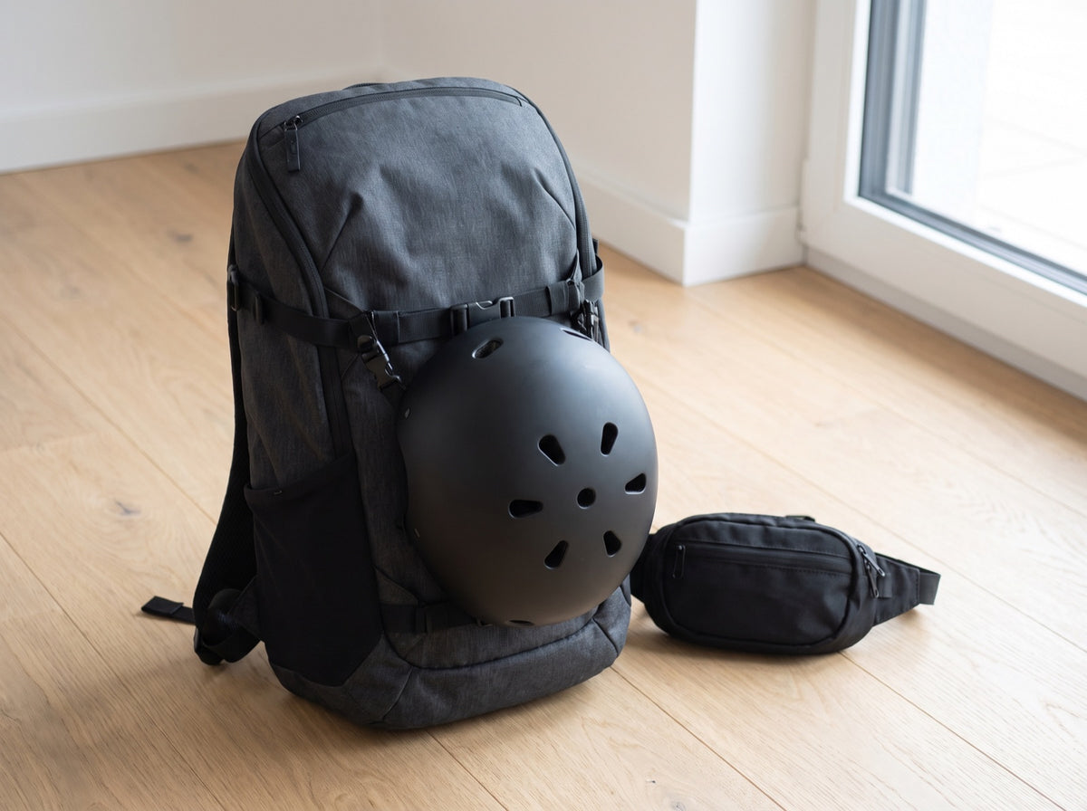 Neuer Sportrucksack mit seitlich befestigten Inline-Skates und eine Hüfttasche auf einem Holzboden