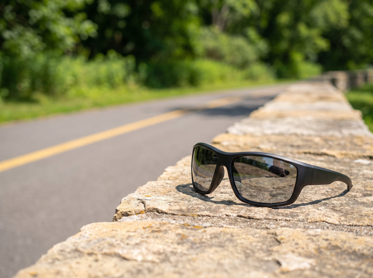 Zwei moderne Sport-Sonnenbrillen mit getönten Gläsern auf einer Mauer am sonnigen Radweg